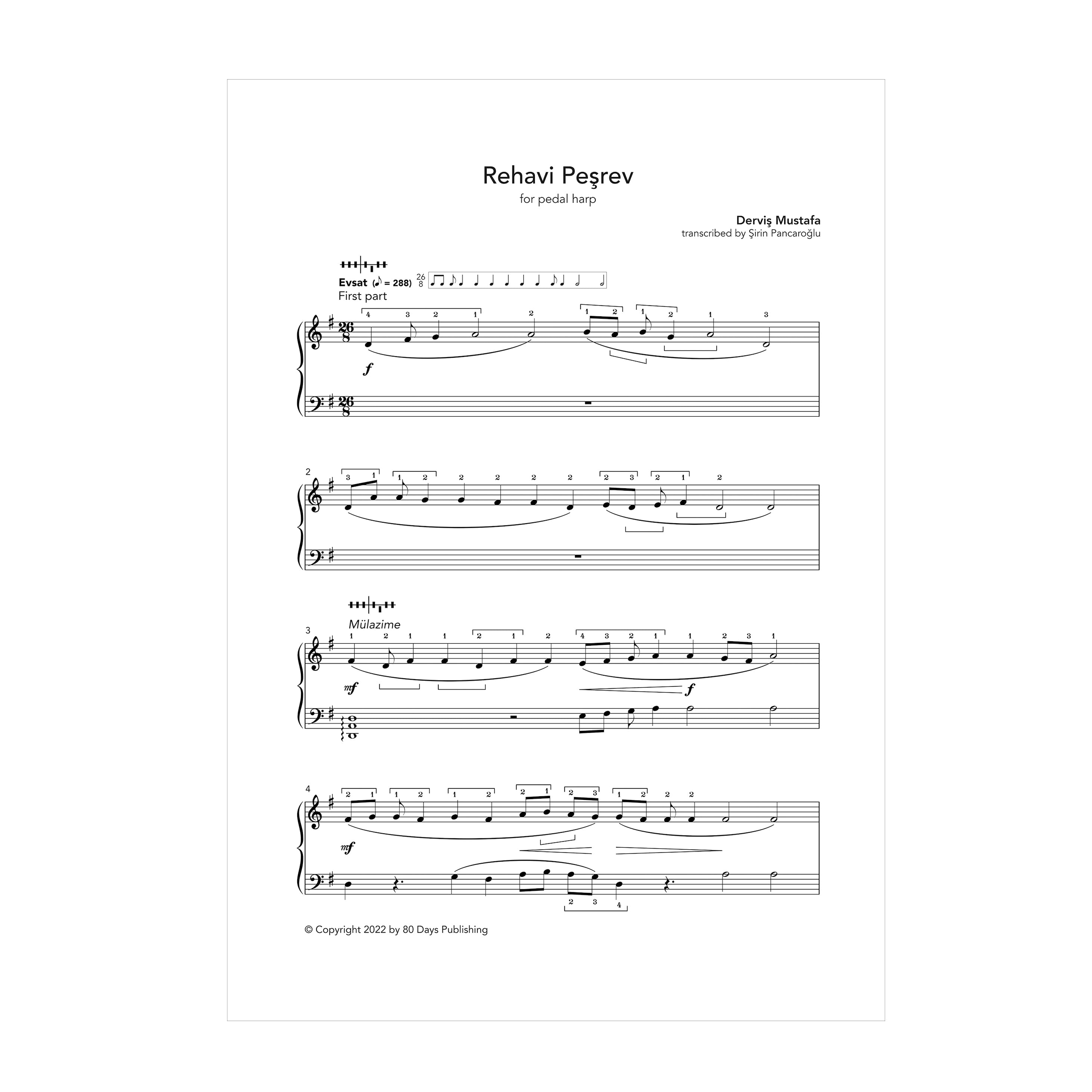 Rehavi Peşrev for pedal harp - Derviş Mustafa transcribed by Şirin Pancaroğlu DOWNLOAD