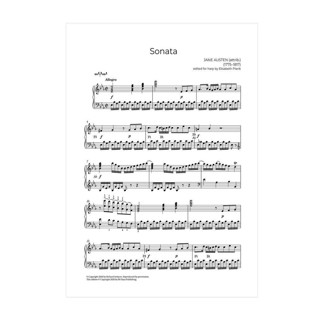 Jane Austen (attrib.) - Sonata in Eflat edited for harp by Elisabeth Plank DOWNLOAD