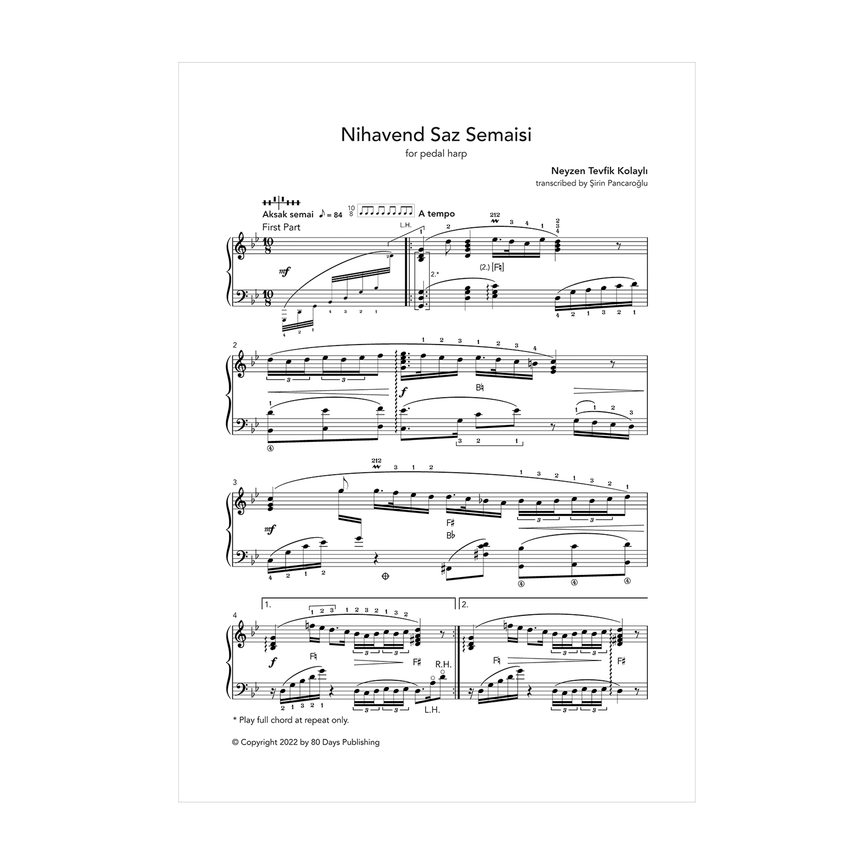 Nihavend Saz Semaisi for pedal harp - Neyzen Tevfik Kolaylı transcribed by Şirin Pancaroğlu DOWNLOAD