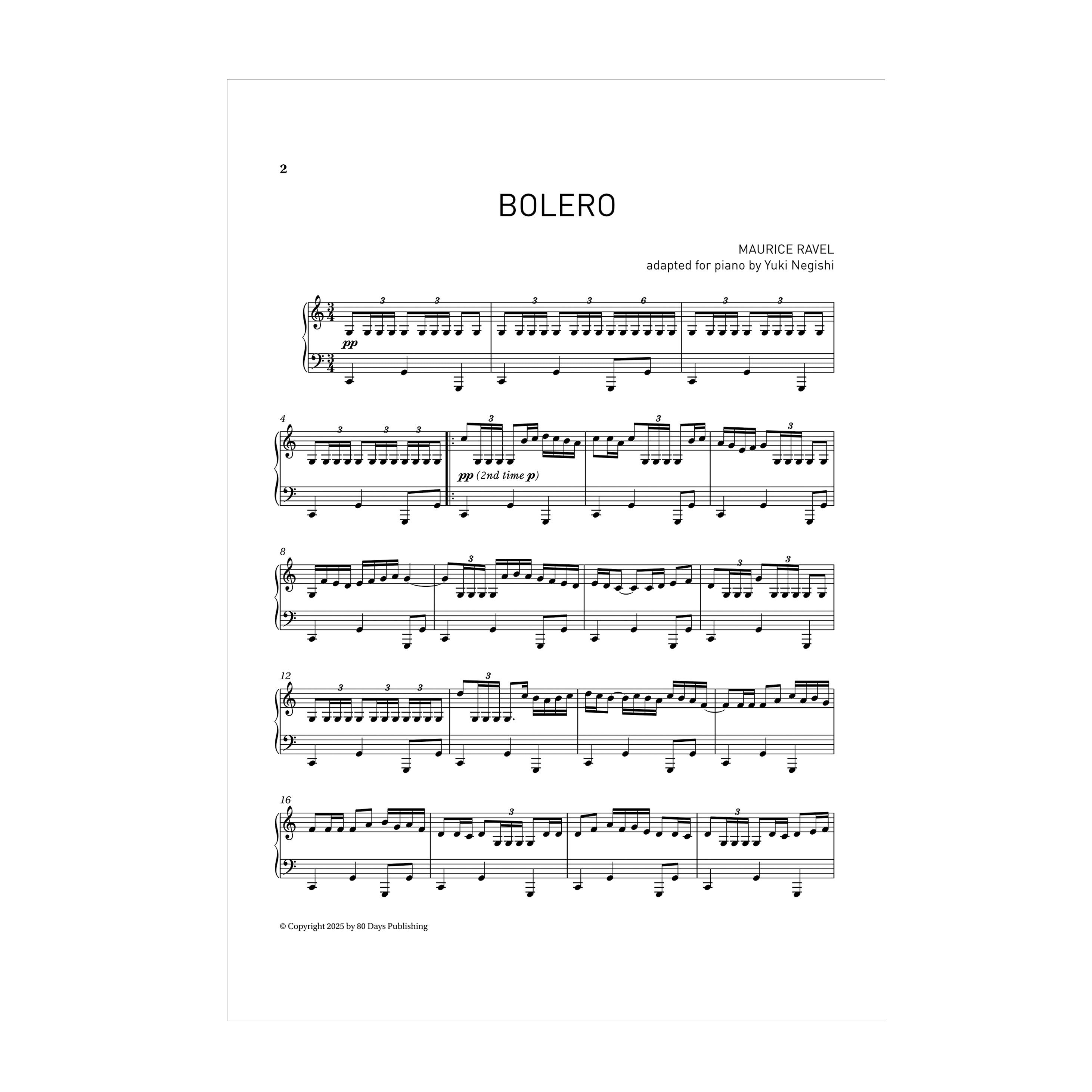 Ravel - Bolero adapted for piano by Yuki Negishi
