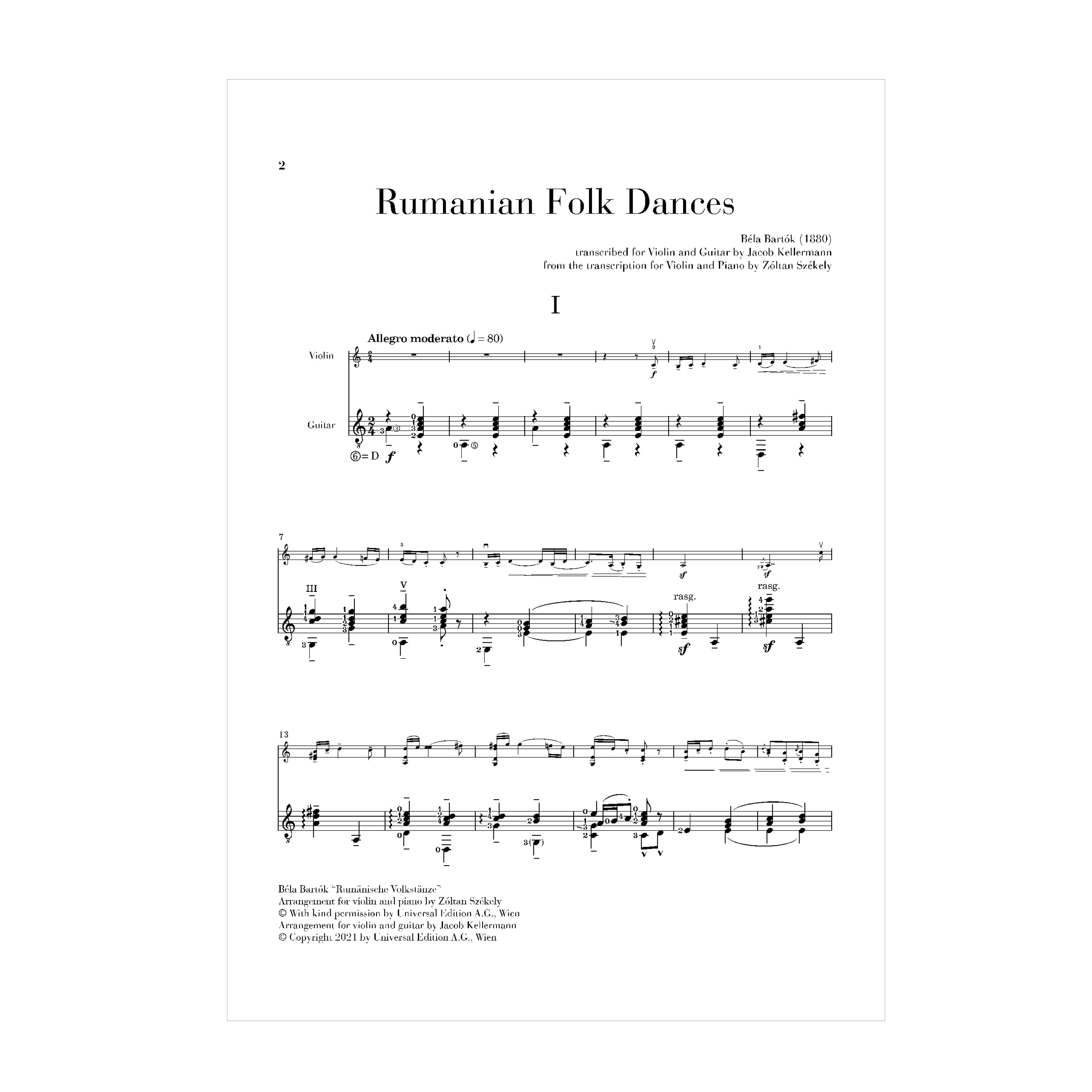 Béla Bartók - Rumanian Folk Dances transcribed for Violin and Guitar